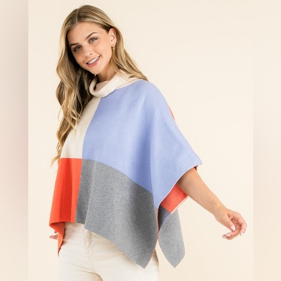 THML Tops - THML Colorblock KNIT Turtleneck BOXY Pullover OPEN-SIDES Poncho Sweater XS/S